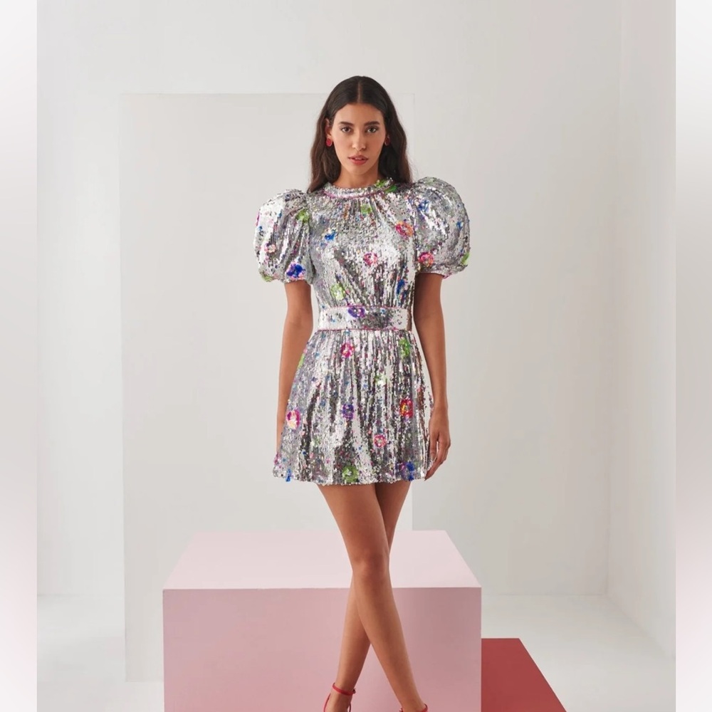 CeliaB The Wonderer Silver Sequin Mini Dress with Puff Sleeves